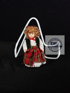 Vintage Mini Porcelain Christmas Doll 5” Red Plaid Dress Holiday Collectible